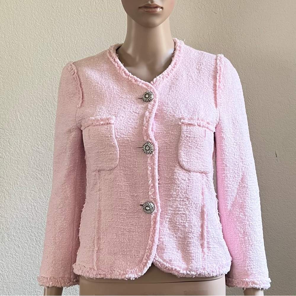 Zara Tweed Boucle 3/4 Sleeve Pink Jacket with Embellished buttons XS